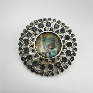 VINTAGE Brooch • Grey Rhinestones • Silver Tone • Abalone Centre